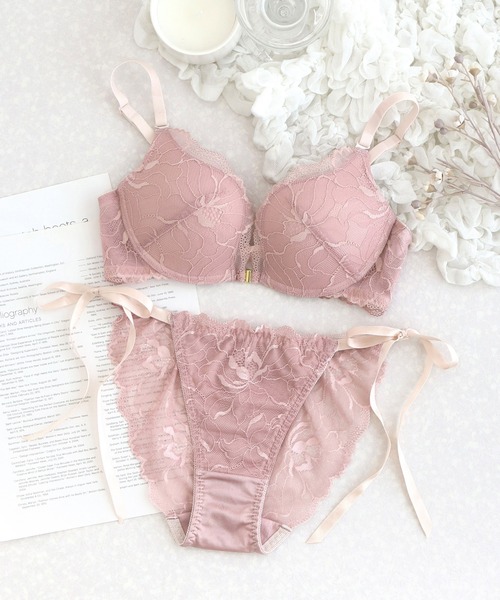 ピオニーレースフロントホックブラジャー&ショーツ「ほどけない）紐