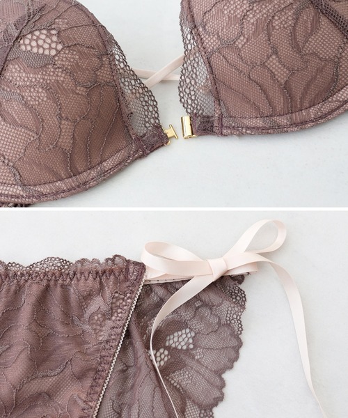 ピオニーレースフロントホックブラジャー&ショーツ「ほどけない）紐