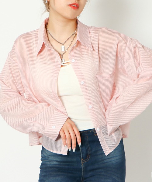 GORGE（ゴージ）の「《シアー×ストライプ》レディース 短丈シャツ 羽織り 長袖 春夏秋（シャツ/ブラウス・レディース・パープル/グリーン/サックスブルー/ピンク・F）」の4枚目の写真