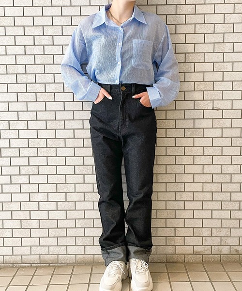 GORGE（ゴージ）の「《シアー×ストライプ》レディース 短丈シャツ 羽織り 長袖 春夏秋（シャツ/ブラウス・レディース・パープル/グリーン/サックスブルー/ピンク・F）」の6枚目の写真