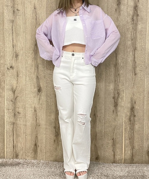 GORGE（ゴージ）の「《シアー×ストライプ》レディース 短丈シャツ 羽織り 長袖 春夏秋（シャツ/ブラウス・レディース・パープル/グリーン/サックスブルー/ピンク・F）」の7枚目の写真