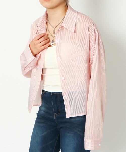 GORGE（ゴージ）の「《シアー×ストライプ》レディース 短丈シャツ 羽織り 長袖 春夏秋（シャツ/ブラウス・レディース・パープル/グリーン/サックスブルー/ピンク・F）」の9枚目の写真