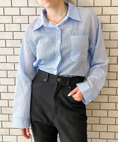 GORGE（ゴージ）の「《シアー×ストライプ》レディース 短丈シャツ 羽織り 長袖 春夏秋（シャツ/ブラウス・レディース・パープル/グリーン/サックスブルー/ピンク・F）」の11枚目の写真