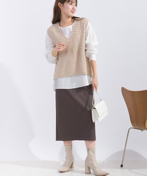 【セール】ニットベスト＆プリーツブラウスプルオーバー（アンサンブル）｜PICCIN（ピッチン）