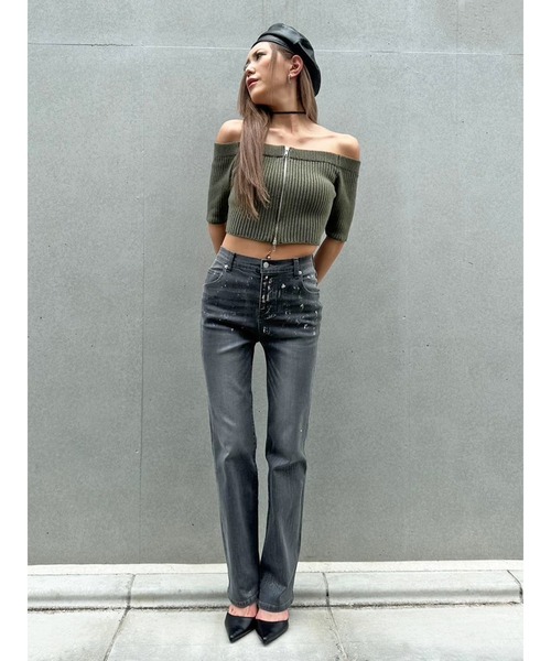 EGOIST（エゴイスト）の「ZIPニットオフショルトップ（ニット/セーター・レディース・パープル/ブラック/カーキ・FREE）」の13枚目の写真