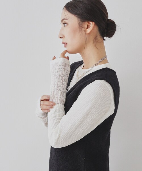 【セール】【楊柳風ジャージ／袖レース】プルオーバー（Tシャツ/カットソー）｜Sunauna（スーナウーナ）