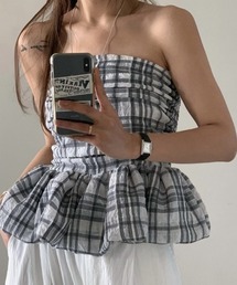 deux amour | チェック柄ペプラムシャーリングベアトップ(チューブトップ)