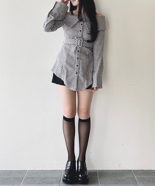 セール】チェックオフショルシャツチュニック（ワンピース
