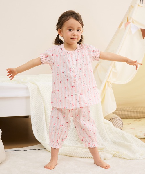 おなか安心ボタン付き半袖前開きガーリーガーゼパジャマ（さくらんぼ