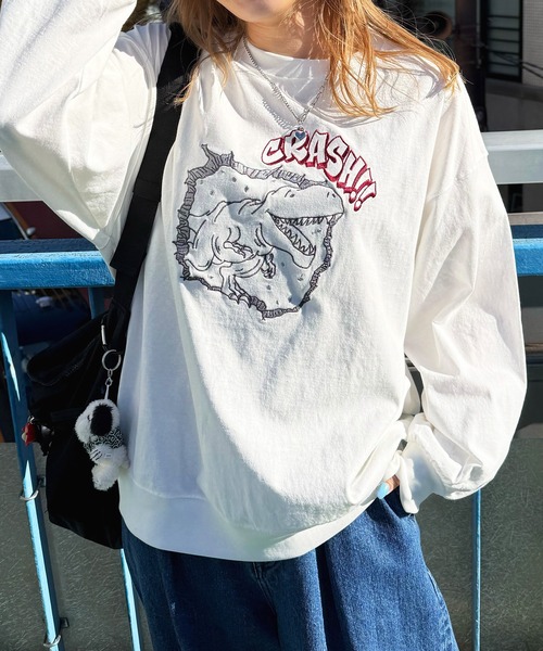 DOUBLE NAME(ダブルネーム)の「CRASH!!恐竜ロンTEE(Tシャツ/カットソー・レディース・スミクロ/オフホワイト/グリーン・FREE)」の11枚目の写真