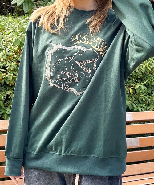 DOUBLE NAME(ダブルネーム)の「CRASH!!恐竜ロンTEE(Tシャツ/カットソー・レディース・スミクロ/オフホワイト/グリーン・FREE)」の19枚目の写真