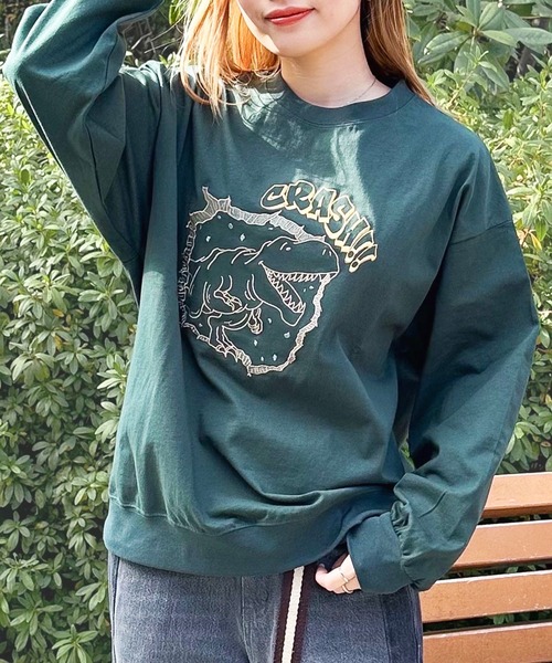 DOUBLE NAME(ダブルネーム)の「CRASH!!恐竜ロンTEE(Tシャツ/カットソー・レディース・スミクロ/オフホワイト/グリーン・FREE)」の21枚目の写真