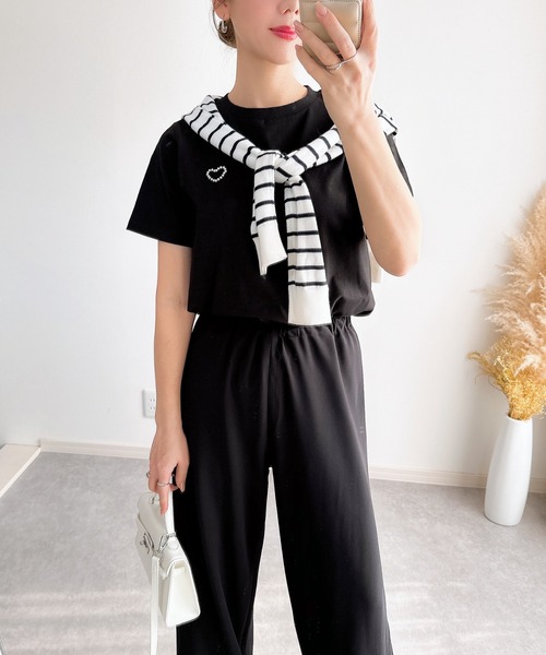 &. NOSTALGIA(アンドドットノスタルジア)の「【ZOZO限定】パールハートTシャツ(接触冷感、UVカット)(Tシャツ/カットソー・レディース・ブラック/ホワイト・M)」の12枚目の写真