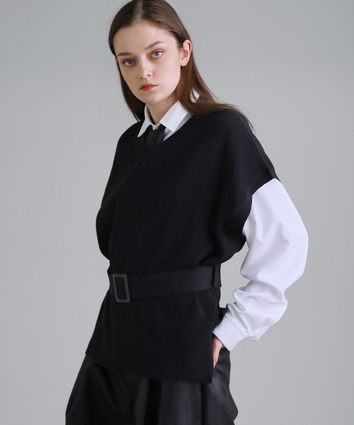 SOCCE(ソーシー)の「ベルテッドVネックニットベスト(ベスト・メンズ・ブラック/チャコール/ライトグレー・S/M/L/XL)」の6枚目の写真