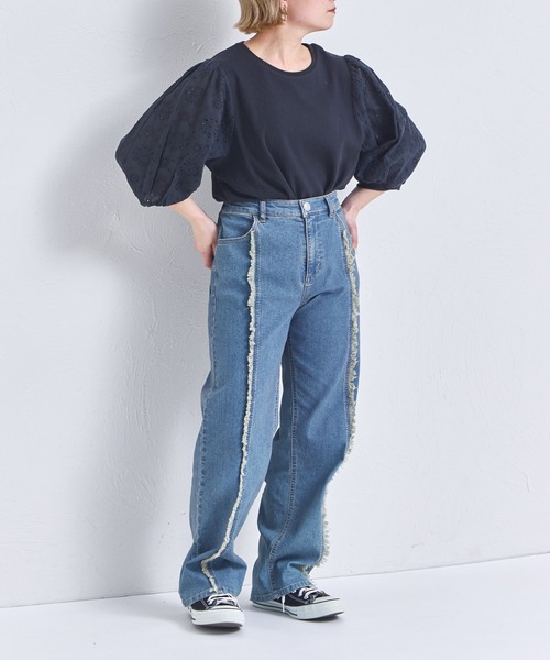pairmanon（ペアマノン）の「【ふんわりワッフル】【リンクコーデ】【ママサイズ】花柄レース パフ袖ブラウス（Tシャツ/カットソー・レディース・ブラック/ライトベージュ/モカ・FREE）」の5枚目の写真