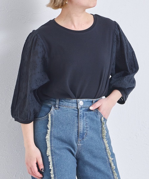pairmanon（ペアマノン）の「【ふんわりワッフル】【リンクコーデ】【ママサイズ】花柄レース パフ袖ブラウス（Tシャツ/カットソー・レディース・ブラック/ライトベージュ/モカ・FREE）」の7枚目の写真