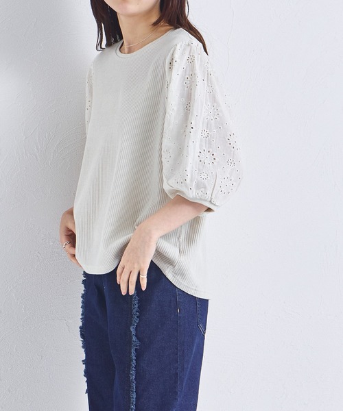 pairmanon（ペアマノン）の「【ふんわりワッフル】【リンクコーデ】【ママサイズ】花柄レース パフ袖ブラウス（Tシャツ/カットソー・レディース・ブラック/ライトベージュ/モカ・FREE）」の14枚目の写真