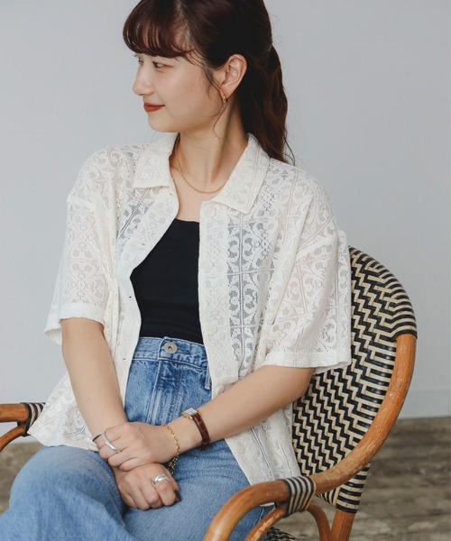 KUME ホワイト レース 半袖シャツ s KOEISTORE シャツ ブラウス 半袖 レディース レース 袖