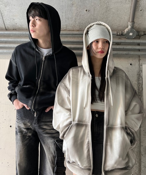 パーカー ブラシ加工ダブルZIPビッグパーカー レディース メンズ パーカー ブラシ加工ダブルZIPビッグパーカー レディース メンズ
