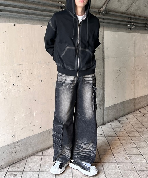 Figments（フィグメンツ）の「ブラシ加工ダブルZIPビッグパーカー（パーカー・レディース・ブラック/ホワイト・FREE）」の4枚目の写真