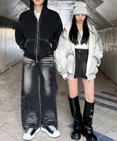 Figments（フィグメンツ）の「ブラシ加工ダブルZIPビッグパーカー（パーカー・レディース・ブラック/ホワイト・FREE）」の10枚目の写真