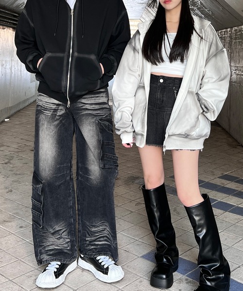 Figments（フィグメンツ）の「ブラシ加工ダブルZIPビッグパーカー（パーカー・レディース・ブラック/ホワイト・FREE）」の11枚目の写真