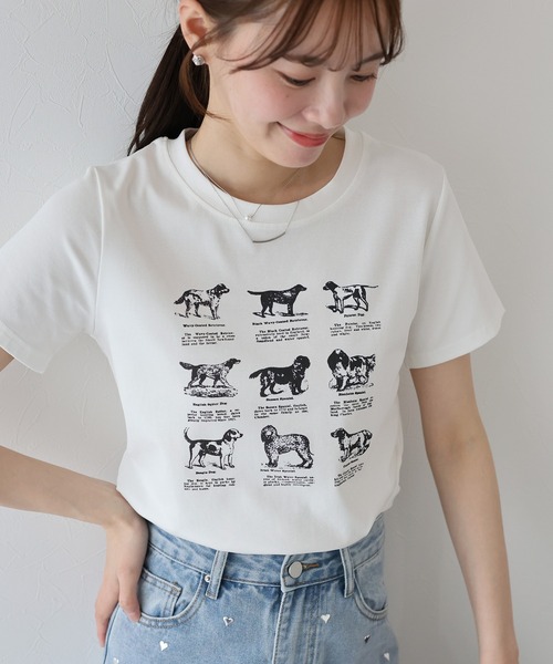 BLUEEAST(ブルーイースト)の「DOGアソートプリント半袖Tシャツ(Tシャツ/カットソー・レディース・ホワイト/ブラック/ネイビー・MEDIUM)」の1枚目の写真