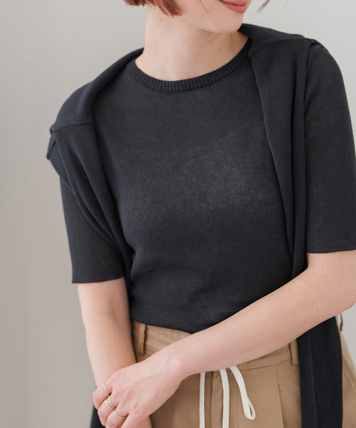 Spick & Span(スピックアンドスパン)の「18Gシアーリブハーフスリーブニット(ニット/セーター・レディース・チャコールグレー/ブラウン・FREE)」の1枚目の写真