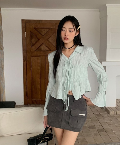 フロントシャギーリボンブラウス SLY ブラウス シャツ FRONT RIBBON GATHER BL フロント リボン