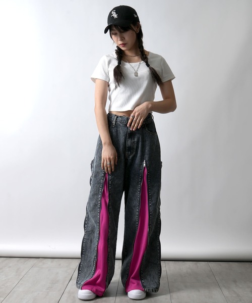 クロスデザイン デニムパンツ　22時まで出品します。 7color ／ 3size 】カットアウトサイドスリットロングデニム
