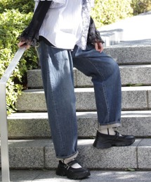 三つ編みゴールドリボン　ドレープデニムテーパードストレートパンツ