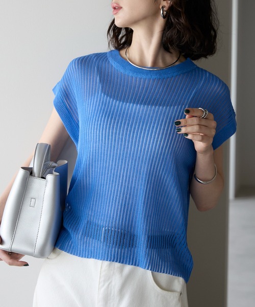 【ENFOLD】サマーニット　ブルー　サイズ38 セール】フレンチスリーブワイドリブサマーニット（ニット