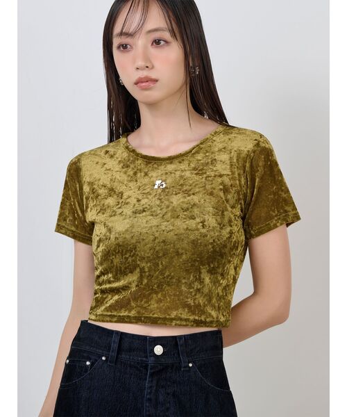 MURUA（ムルーア）の「クロップドシアーベロアTシャツ（Tシャツ/カットソー・レディース・ブラック/ブルー/マスタード/ホワイト・FREE）」の4枚目の写真