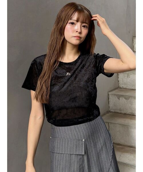 MURUA（ムルーア）の「クロップドシアーベロアTシャツ（Tシャツ/カットソー・レディース・ブラック/ブルー/マスタード/ホワイト・FREE）」の7枚目の写真