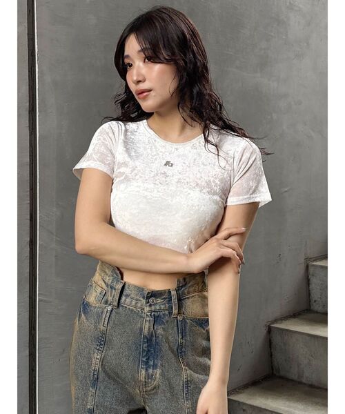 MURUA（ムルーア）の「クロップドシアーベロアTシャツ（Tシャツ/カットソー・レディース・ブラック/ブルー/マスタード/ホワイト・FREE）」の11枚目の写真