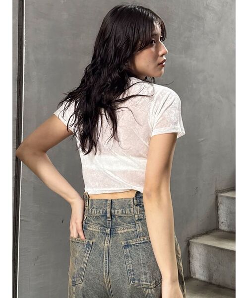 MURUA（ムルーア）の「クロップドシアーベロアTシャツ（Tシャツ/カットソー・レディース・ブラック/ブルー/マスタード/ホワイト・FREE）」の13枚目の写真