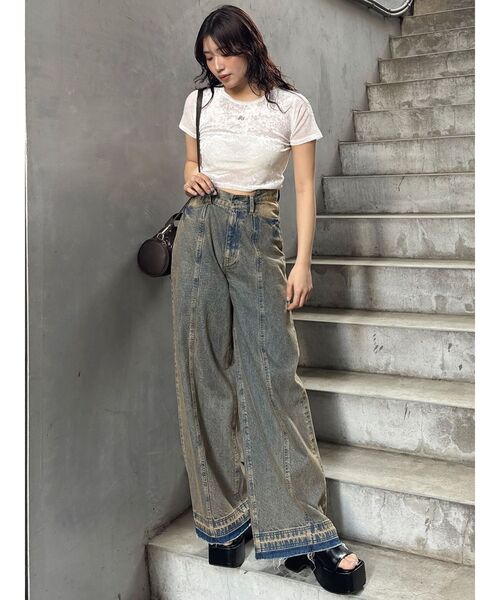 MURUA（ムルーア）の「クロップドシアーベロアTシャツ（Tシャツ/カットソー・レディース・ブラック/ブルー/マスタード/ホワイト・FREE）」の14枚目の写真