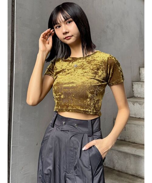 MURUA（ムルーア）の「クロップドシアーベロアTシャツ（Tシャツ/カットソー・レディース・ブラック/ブルー/マスタード/ホワイト・FREE）」の16枚目の写真