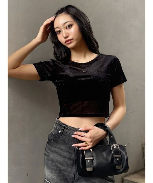 MURUA（ムルーア）の「クロップドシアーベロアTシャツ（Tシャツ/カットソー・レディース・ブラック/ブルー/マスタード/ホワイト・FREE）」の7枚目の写真