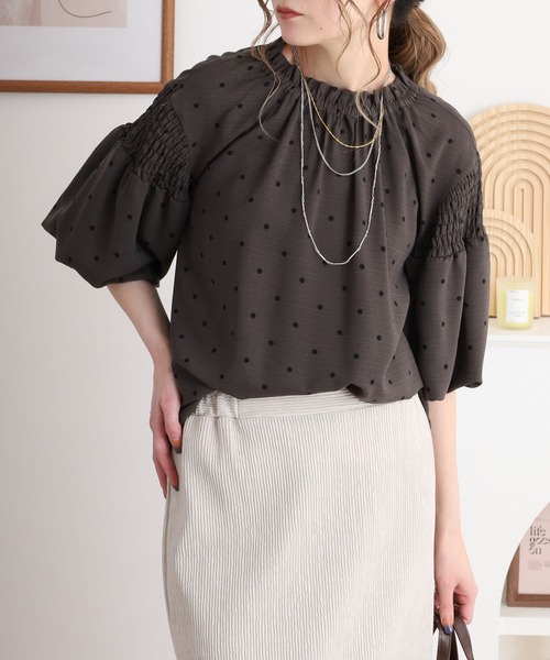 ブラウス シャツ EGLANTINE セットアップ対応 ドットプリントギャザーブラウス レディース セール】EGLANTINE セットアップ対応 ドットプリントギャザー