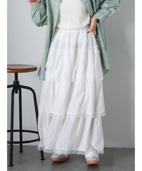 ehka sopo（エヘカソポ）の「レースティアードスカート（スカート・レディース・オフホワイト/ブラック/サックスブルー・F）」の5枚目の写真