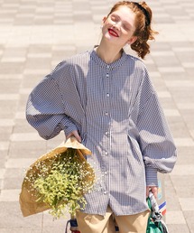 【イージーケア】ウエストタックボリュームスリーブバンドカラーシャツ