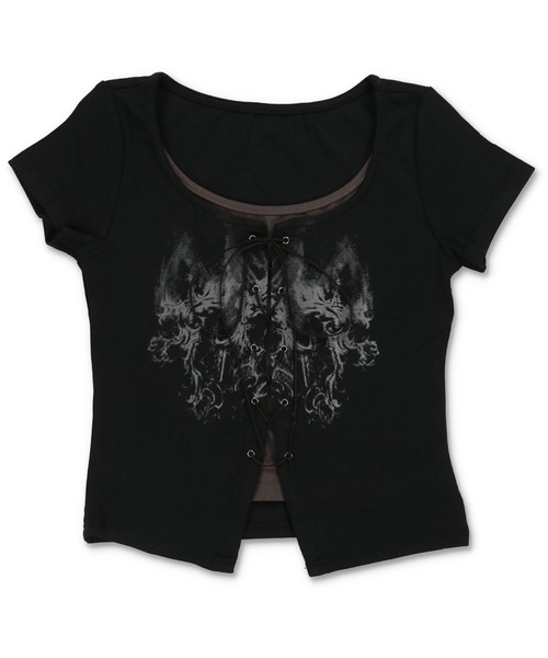 SPINNS(スピンズ)の「レイヤード風半袖カットソー/レースアップ/フェアリーグランジ/NEO森ガール(Tシャツ/カットソー・レディース・ブラック/ホワイト/ベージュ・ONESIZE)」の5枚目の写真