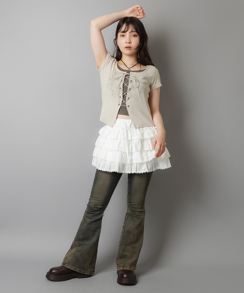 新品♡レースカットソー&スカート フラワーレースタイトスカート【洗濯機洗い可】（膝丈スカート