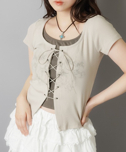 セール】レイヤード風半袖カットソー/レースアップ/フェアリーグランジ