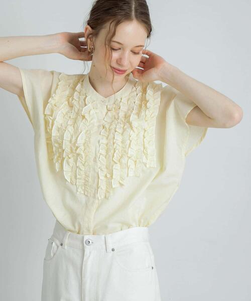 セール】エアリーコットンフリルフレンチシャツブラウス（シャツ