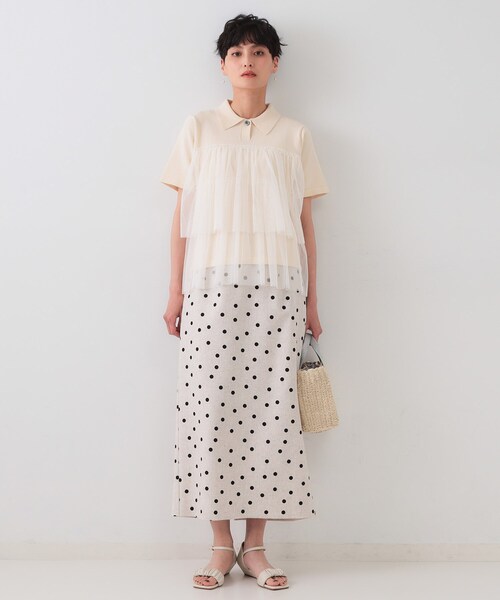 OPAQUE.CLIP（オペークドットクリップ）の「麻混ドットプリントナロースカート【洗濯機洗い可】（スカート・レディース・ベージュ系その他3/ライトグレー系・40/38/36）」の5枚目の写真