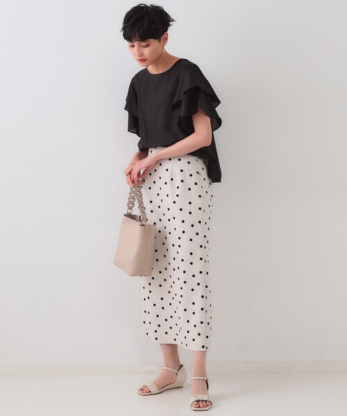 OPAQUE.CLIP（オペークドットクリップ）の「麻混ドットプリントナロースカート【洗濯機洗い可】（スカート・レディース・ベージュ系その他3/ライトグレー系・40/38/36）」の6枚目の写真