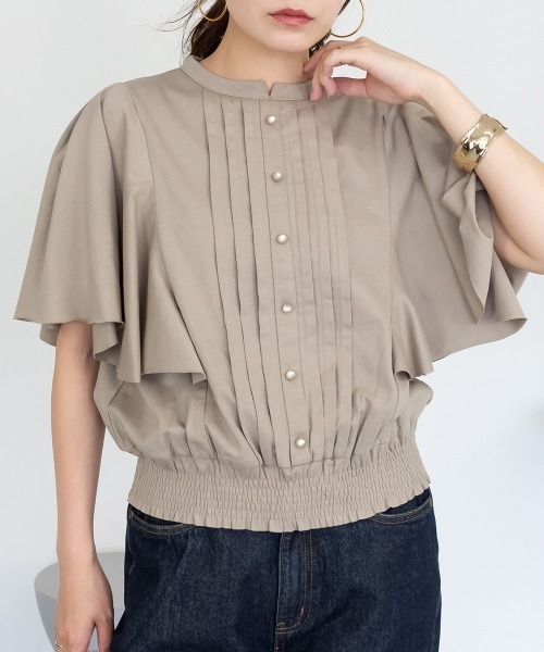 RCD(アールシーディー)の「ピンタックフレア袖ブラウス風カットソー(Tシャツ/カットソー・レディース・ブラック/グレイッシュベージュ/オフホワイト/チャコールグレー・M-L/LL~3L/4L~5L)」の4枚目の写真