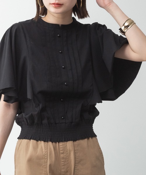 RCD(アールシーディー)の「ピンタックフレア袖ブラウス風カットソー(Tシャツ/カットソー・レディース・ブラック/グレイッシュベージュ/オフホワイト/チャコールグレー・M-L/LL~3L/4L~5L)」の1枚目の写真
